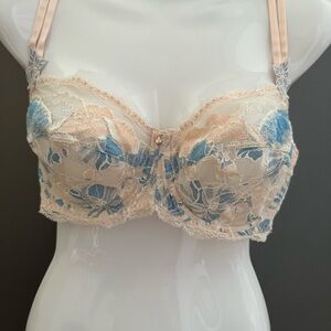 Lise Charmel Cream and Blue Lace Bra with Sculpted Cups and Adjustable Straps